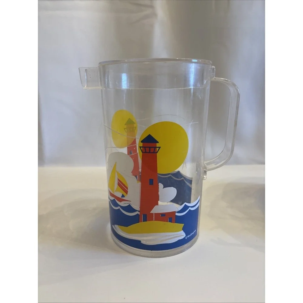 VTG 1990's Wellington‎ SailBoat & Lighthouse Acrylic Pitcher/IceBucket Tongs